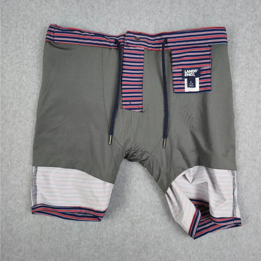 Lands' End Mens Large (36-38) Swim Shorts/Trunks Red White Navy Stripe